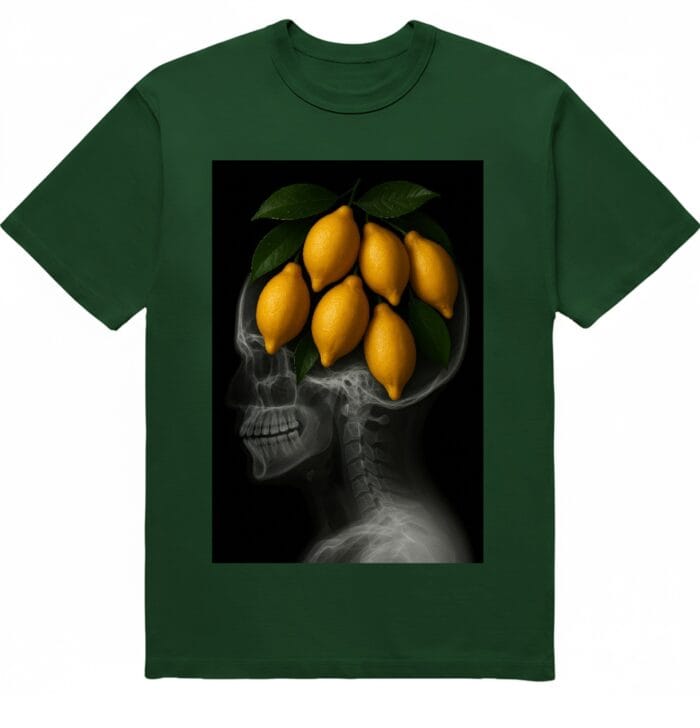 Футболка "Lemons in my head" - рентген голови з лимонами - лісовий зелений колір