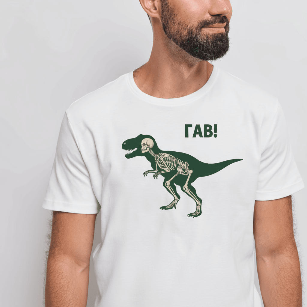 Чоловік у білій футболці EvilDOC із принтом динозавра-скелета та написом «Гав!»
