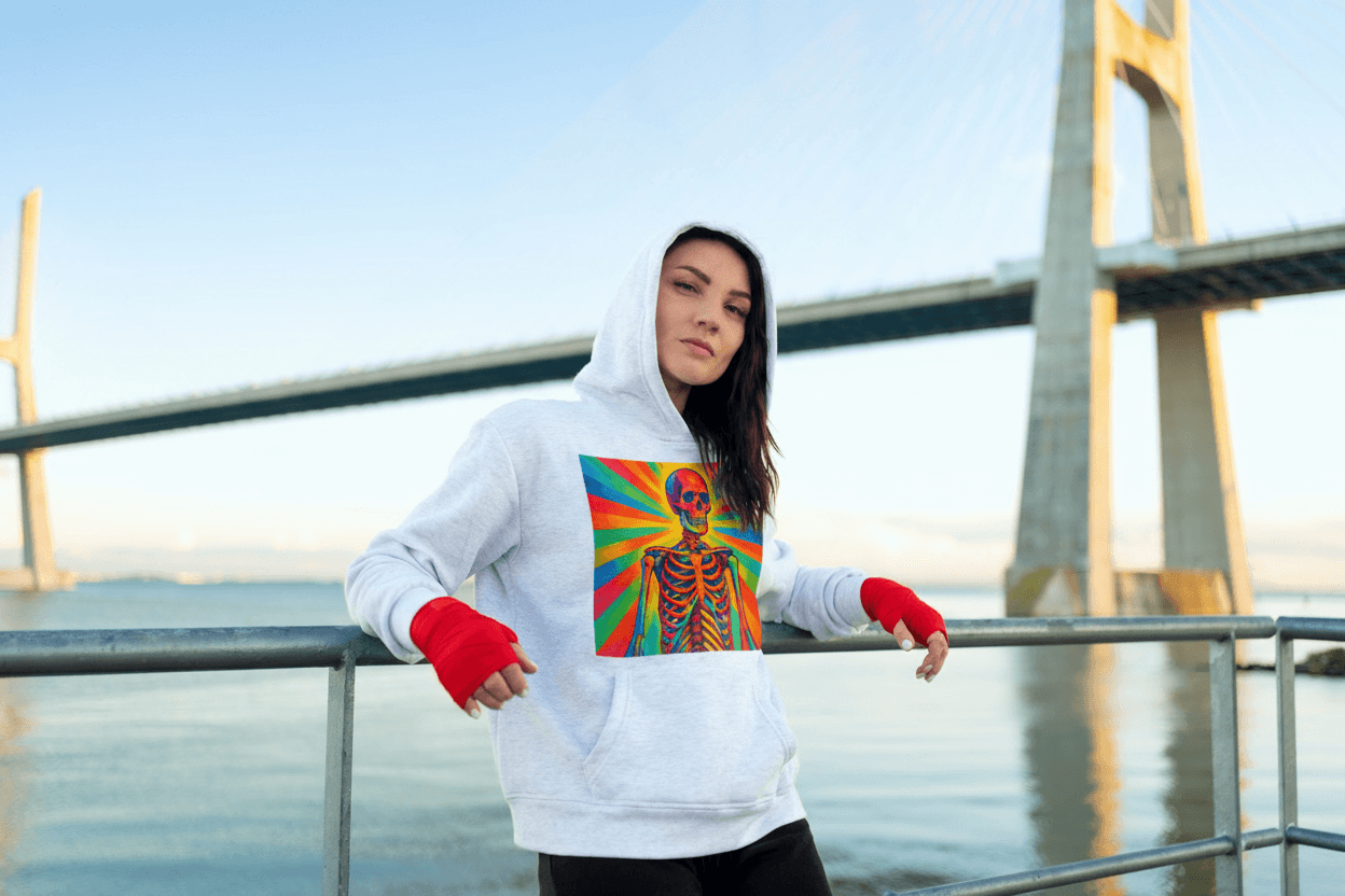 Жінка у сірому худі EvilDOC із яскравим принтом черепа стоїть біля мосту