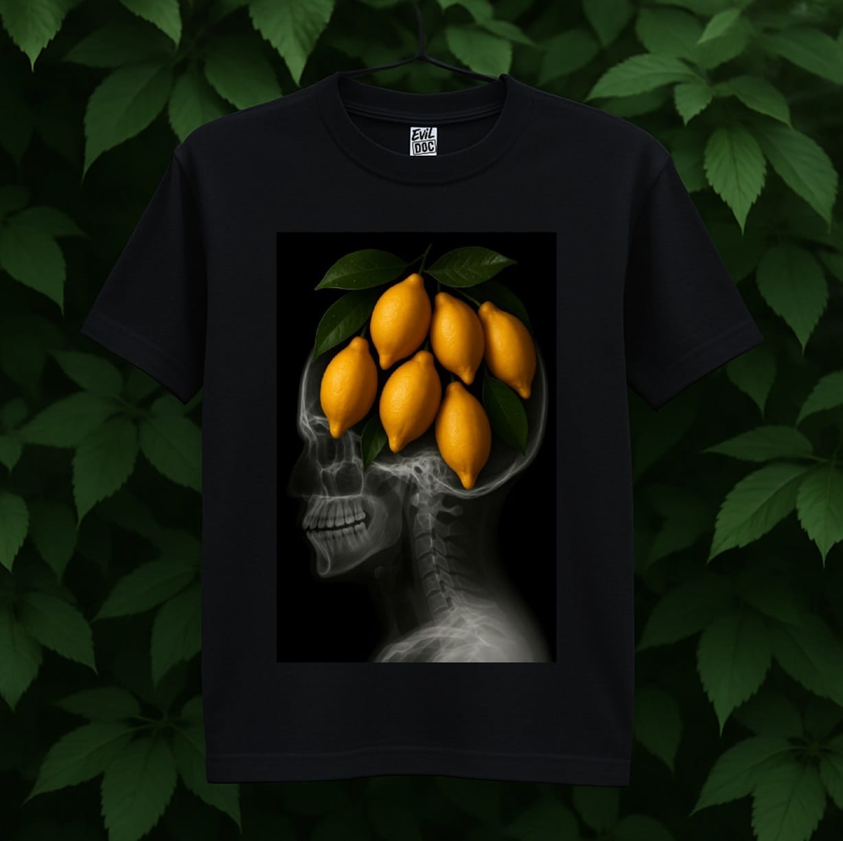 Чорна футболка EvilDOC «Lemons in my head» із принтом рентгенівського знімка голови з лимонами
