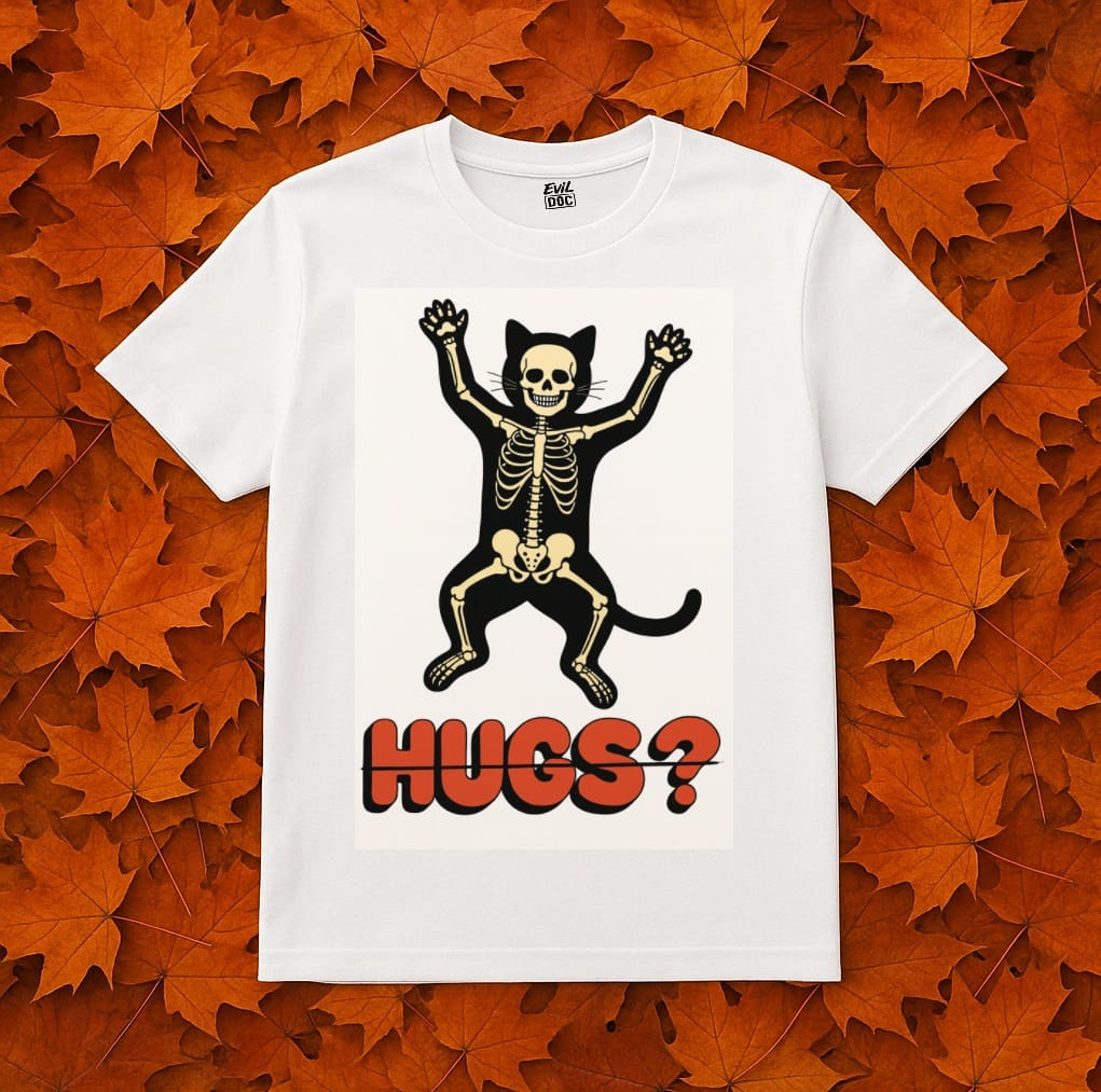 Біла футболка EvilDOC «No Hugs» із принтом скелета-кота та написом HUGS?