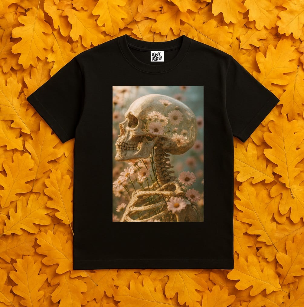 Чорна футболка EvilDOC «Сила життя» із принтом скелета з квітами
