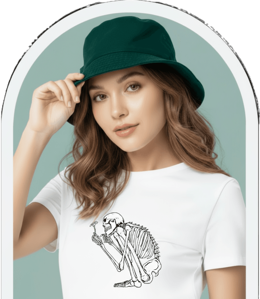 Дівчина у білосніжній футболці EvilDOC із принтом скелета, що тримає квітку