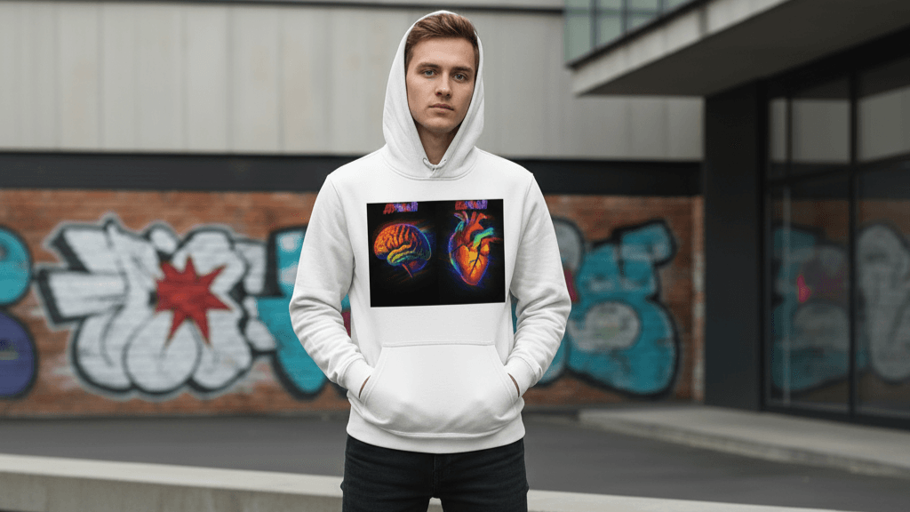 Хлопець у білому худі EvilDOC з принтом “Думай — качай” на вулиці