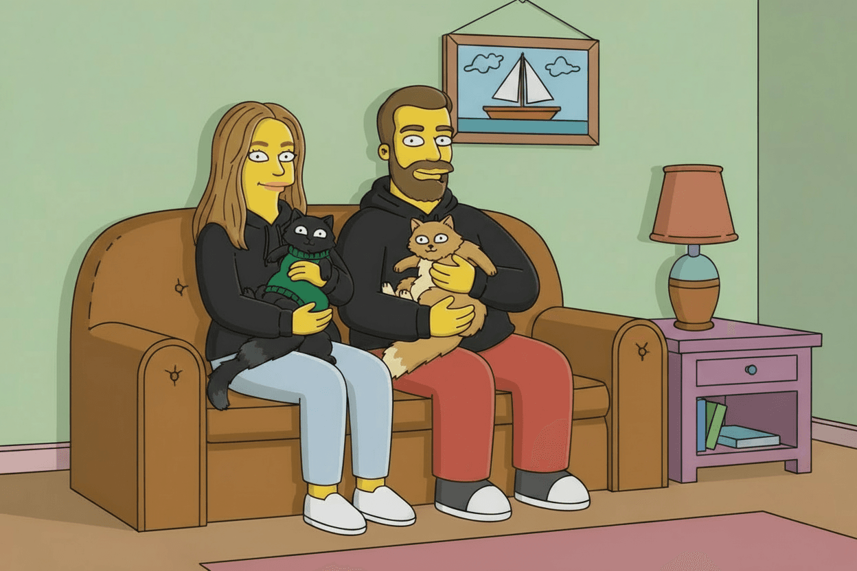 Ілюстрація пари в стилі The Simpsons, що сидить на дивані з двома котами — зображення команди бренду EvilDOC