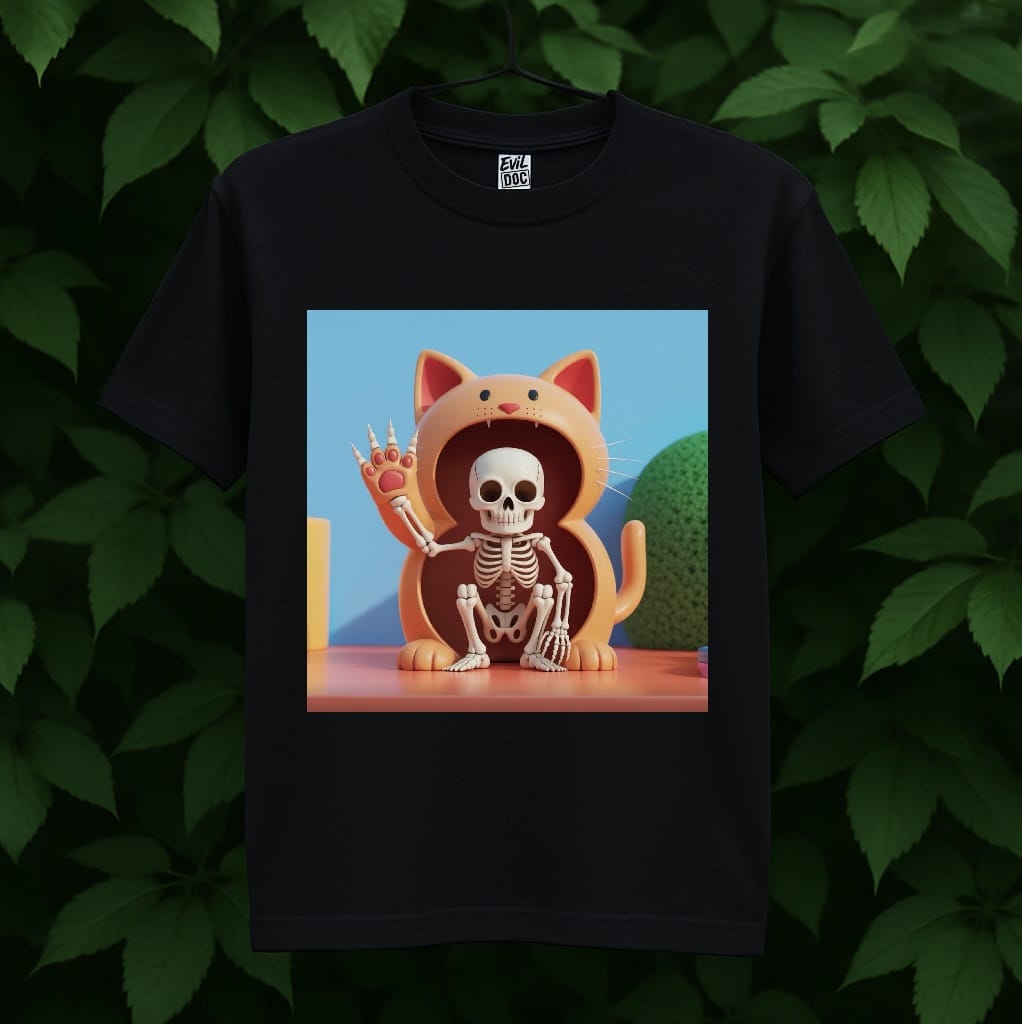 Чорна футболка EvilDOC “Привіт” із принтом скелета в костюмі кота на зеленому фоні