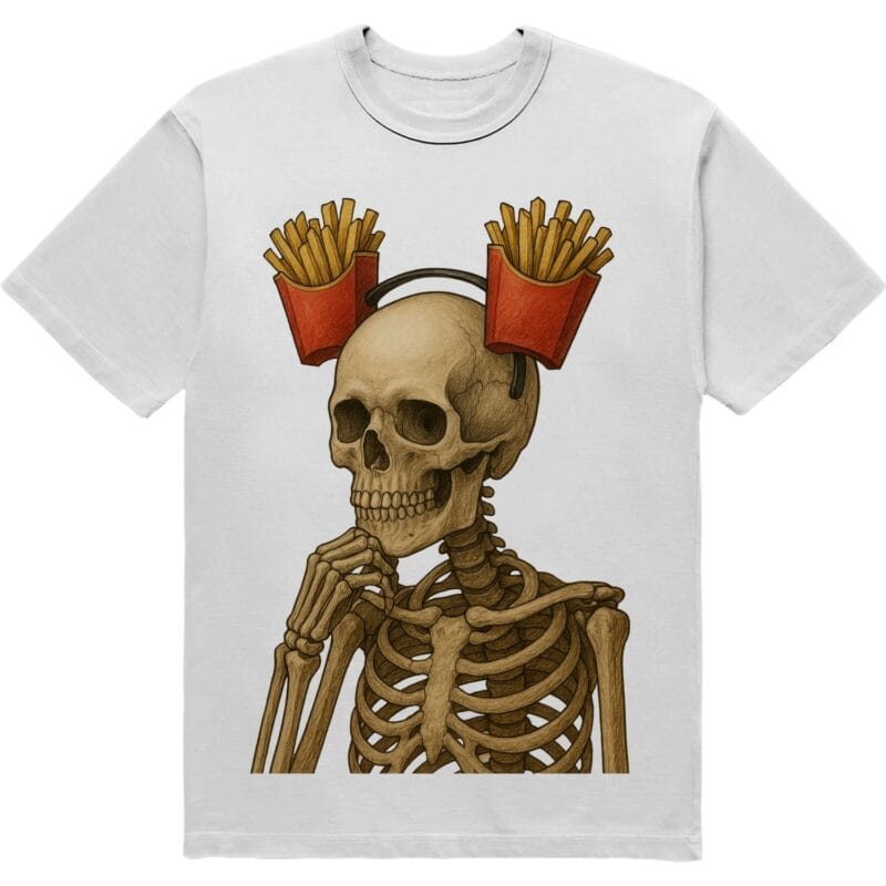 Біла футболка з принтом скелета в навушниках із коробок картоплі фрі.