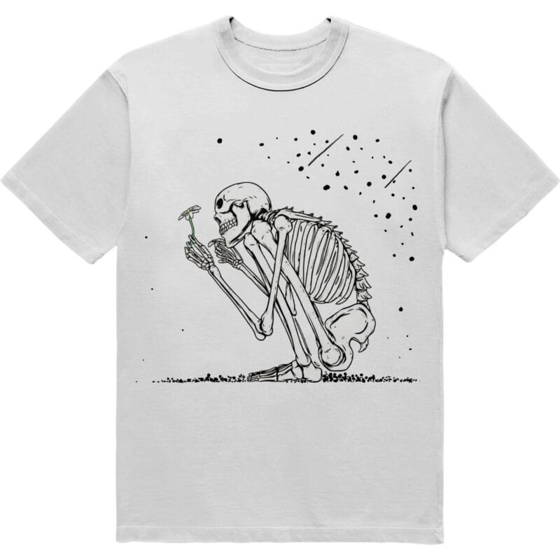 Футболка зі скелетом "Irradiated Mykola" - скелет з квіткою - білий колір