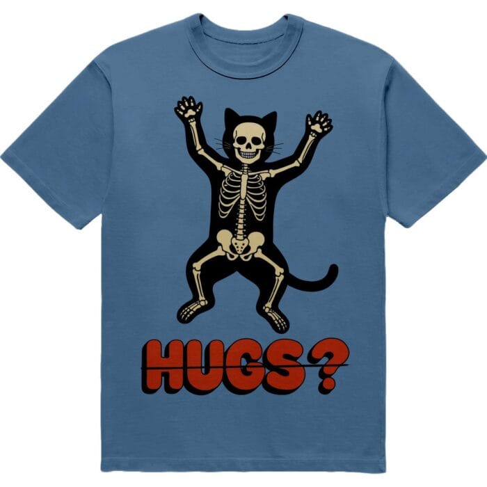Футболка "No Hugs" - кіт зі скелетом - HUGS? - DTF - індиго синій колір