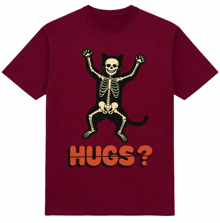 Футболка "No Hugs" - кіт зі скелетом - HUGS? - DTF - бордовий колір