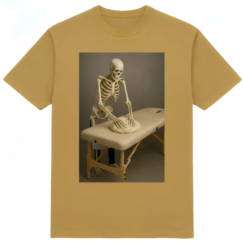Футболка зі скелетом “DJ Testo” - скелет масажист і тісто - піщаний колір