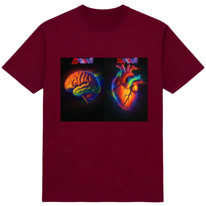 Бордо футболка EvilDOC “Думай качай” із неоновим принтом мозку та серця